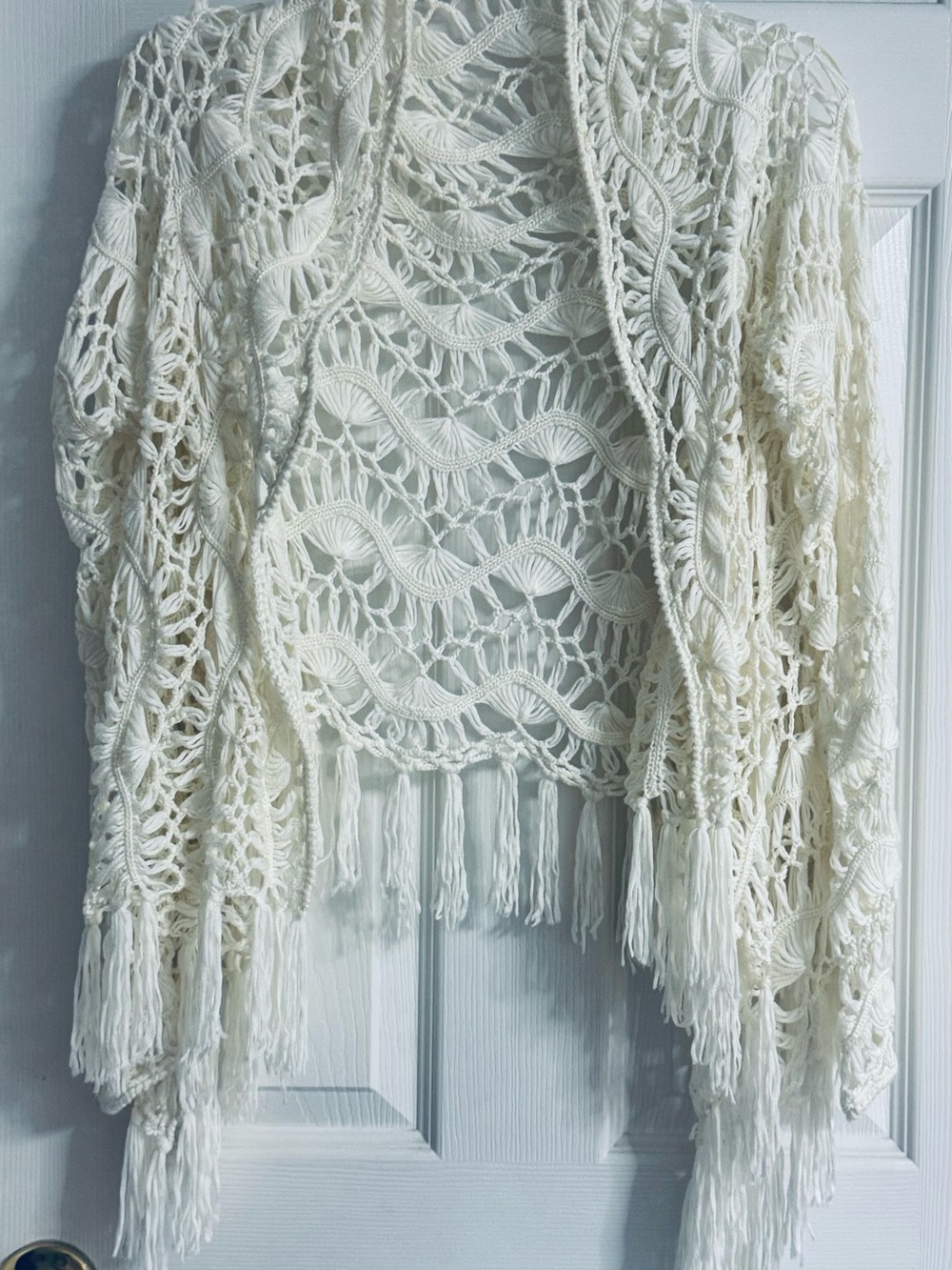 VENUS Cream Crochet Fringe Open Kimono
